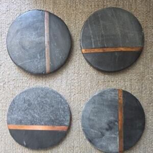 Set of 4 Two-Tone Natural Slate & Soapstone Coasters with Inlaid Copper Stripe